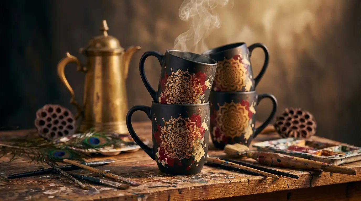Tasses ONE — céramique mandala or empilées atelier