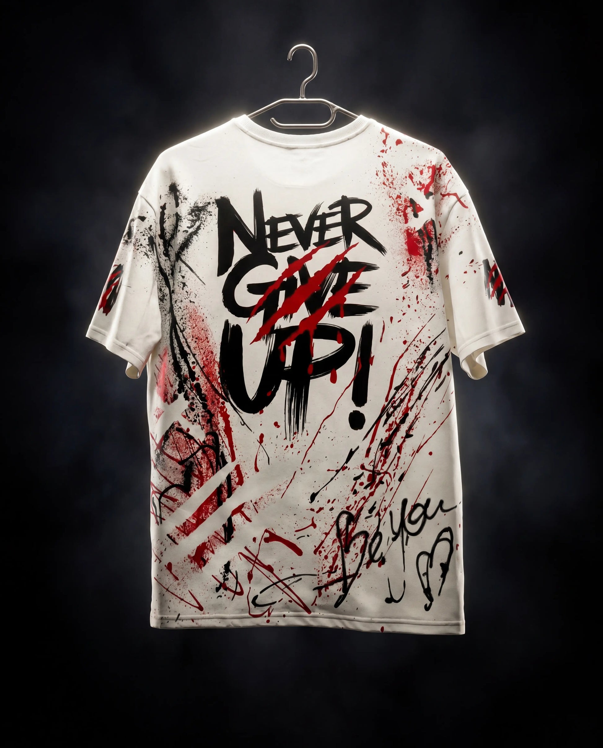 Tee Never Give Up ONE — pièce phare studio dark